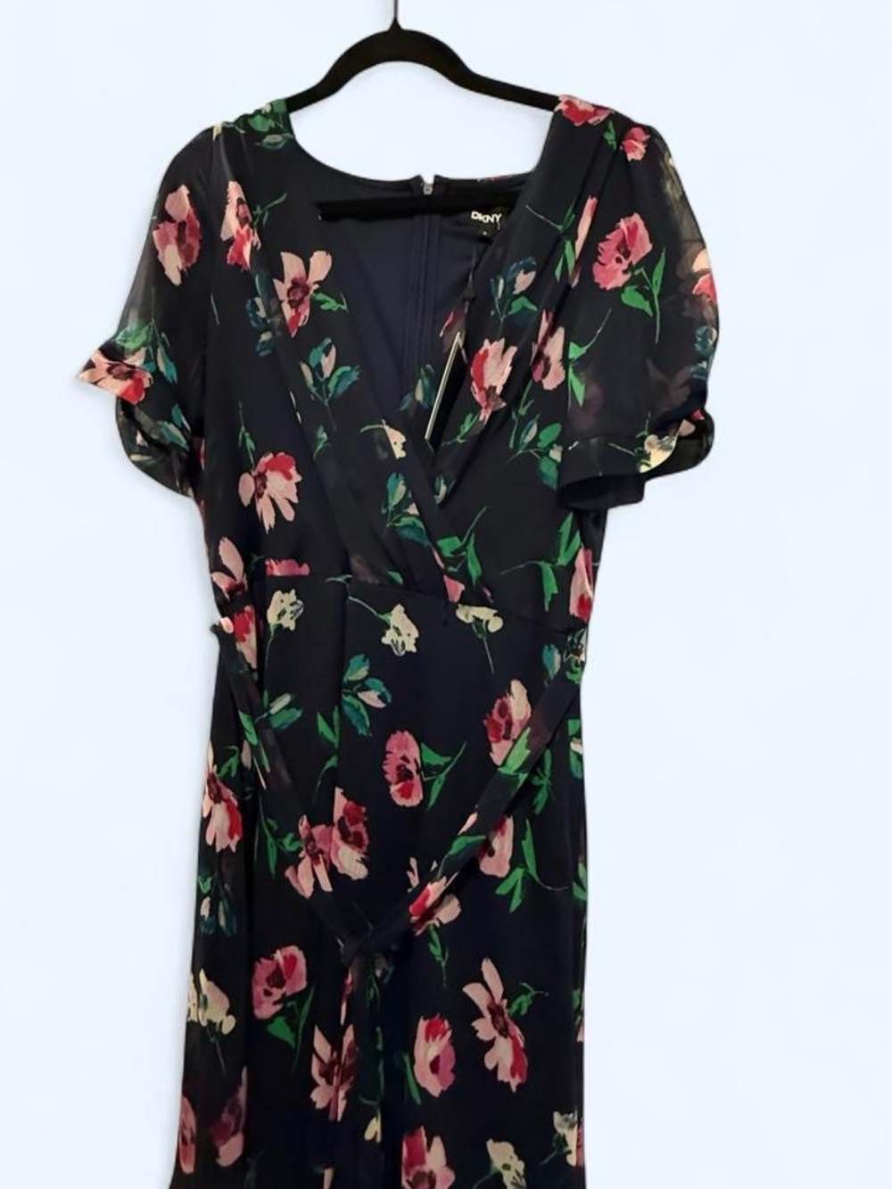Dkny Black Floral Wrap Midi Dress with Pink & Green Blooms